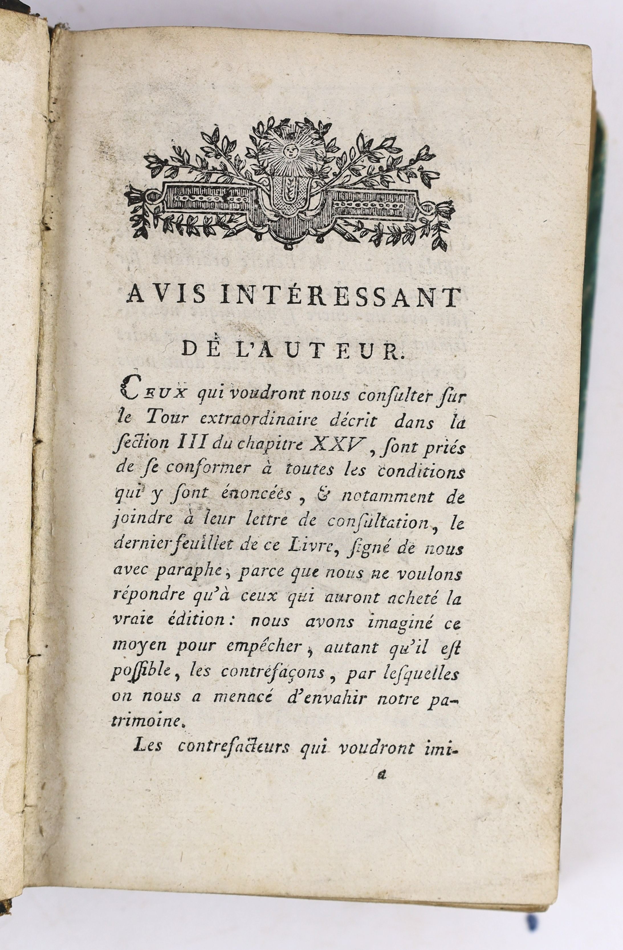 Decremps, Henri - La Magie blanche devoilee ou explication des tours, 1st edition, with engraved title and frontis, Paris, 1784, bound with - Testament de Jerome Sharp, Professeur de Physique amusante, 2nd edition, 8vo,
